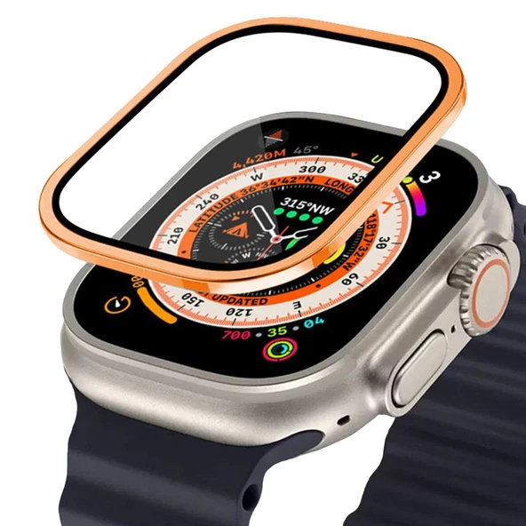 BİNANO APPLE WATCH ULTRA 49MM METAL ÇERÇEVELİ EKRAN KORUYUCU TURUNCU