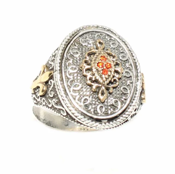 Konstantinapol Tasarım Turuncu Taşlı Otantik Yüzük - Resim 4