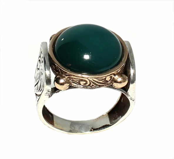 925 Ayar Gümüş ve Bronz Karışımı Yuvarlak Onix Taşlı Erkek Yüzük - Resim 4