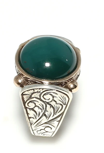 925 Ayar Gümüş ve Bronz Karışımı Yuvarlak Onix Taşlı Erkek Yüzük - Resim 3