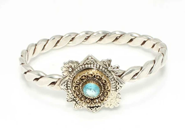 925 Ayar Gümüş Akuamarin Taşlı Otantik Burma Bilezik ürün görseli