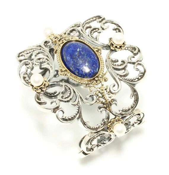 925 Ayar Gümüş İnci ve Lapis Taşlı Kelepçe Antik Bizans Bilezik ürün görseli