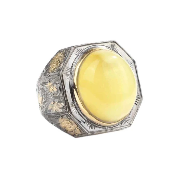 Kalem İşleme Gerçek Sarı Kehribar Taşlı Gümüş Erkek Yüzük ürün görseli 1