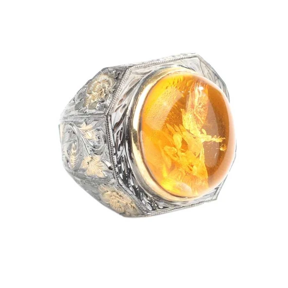 Kalem İşleme Gerçek Kehribar Taşlı Gümüş Erkek Yüzük - Resim 2