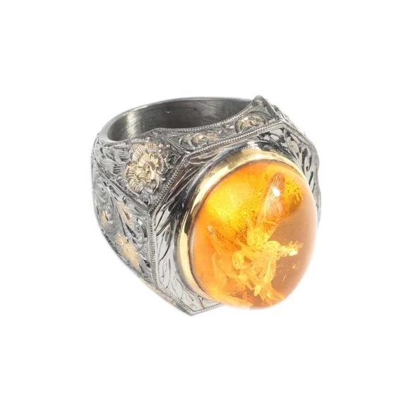 Kalem İşleme Gerçek Kehribar Taşlı Gümüş Erkek Yüzük - Resim 4