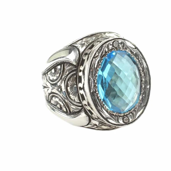 925 Ayar Gümüş Elişi Kalemli Gül Oyma Motifli Akuamarin Mavi Taşlı Erkek Yüzük ürün görseli