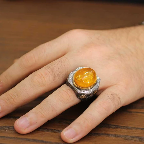 Kalem İşleme Gerçek Kehribar Taşlı Gümüş Erkek Yüzük - Resim 7