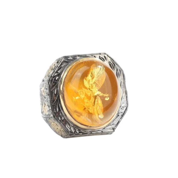 Kalem İşleme Gerçek Kehribar Taşlı Gümüş Erkek Yüzük - Resim 6