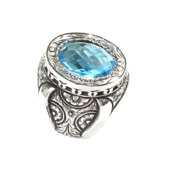 925 Ayar Gümüş Elişi Kalemli Gül Oyma Motifli Akuamarin Mavi Taşlı Erkek Yüzük - Resim 5