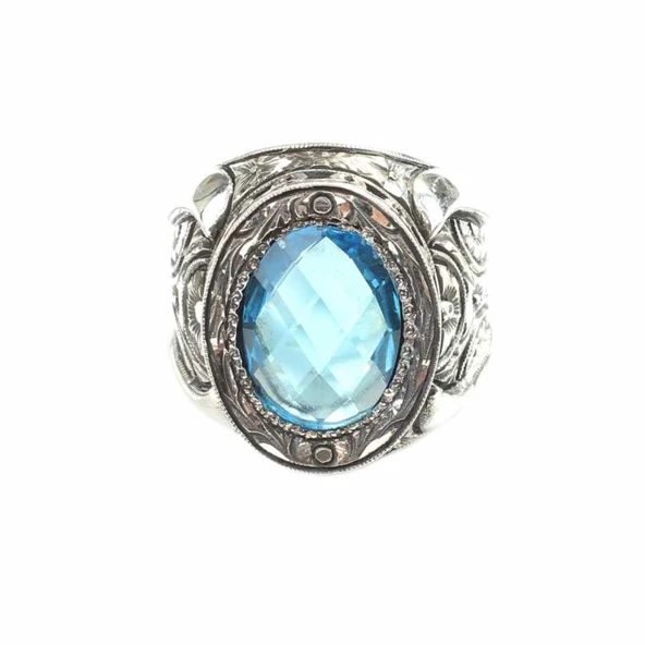 925 Ayar Gümüş Elişi Kalemli Gül Oyma Motifli Akuamarin Mavi Taşlı Erkek Yüzük - Resim 4