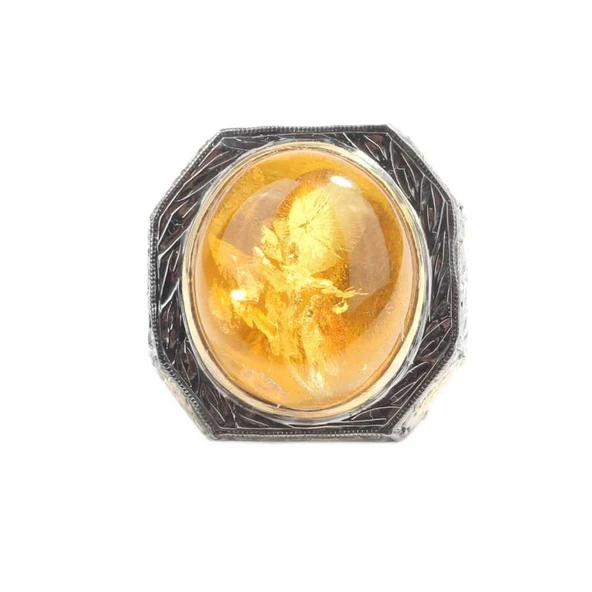 Kalem İşleme Gerçek Kehribar Taşlı Gümüş Erkek Yüzük - Resim 5