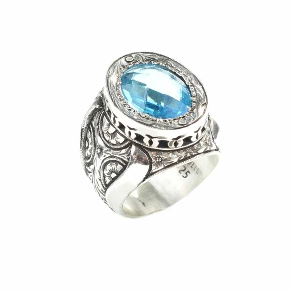 925 Ayar Gümüş Elişi Kalemli Gül Oyma Motifli Akuamarin Mavi Taşlı Erkek Yüzük - Resim 6