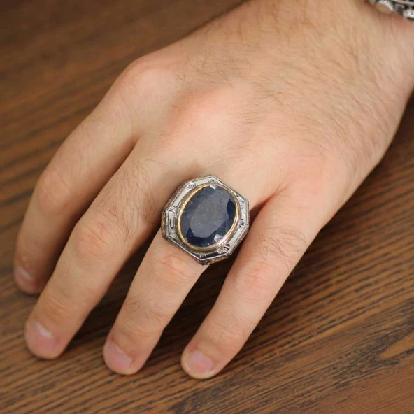 925 Ayar Gümüş Gerçek Safir Taşlı El işi Kalemli Erkek Yüzük - Resim 5