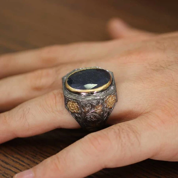 925 Ayar Gümüş Gerçek Safir Taşlı El işi Kalemli Erkek Yüzük - Resim 6