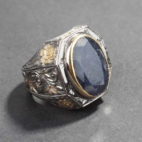 925 Ayar Gümüş Gerçek Safir Taşlı El işi Kalemli Erkek Yüzük - Resim 7