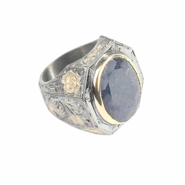 925 Ayar Gümüş Gerçek Safir Taşlı El işi Kalemli Erkek Yüzük - Resim 4