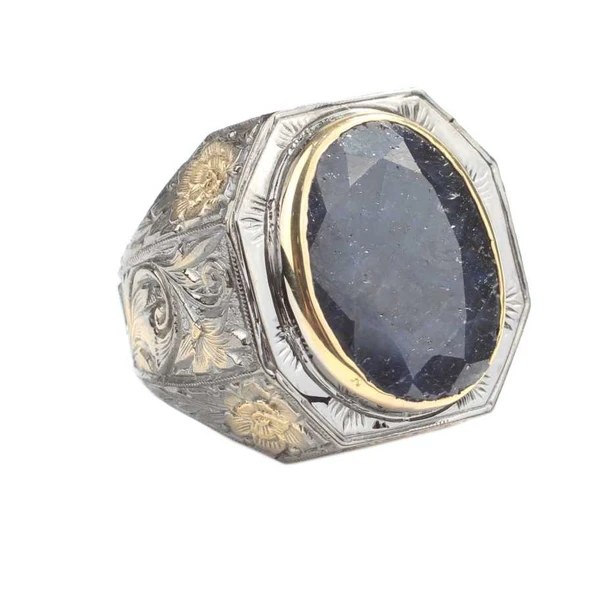 925 Ayar Gümüş Gerçek Safir Taşlı El işi Kalemli Erkek Yüzük ürün görseli