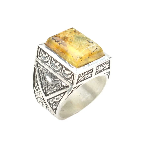 925 Ayar Gümüş Dikdörtgen Kehribar Taşlı Elişi Erkek Yüzüğü ürün görseli 1