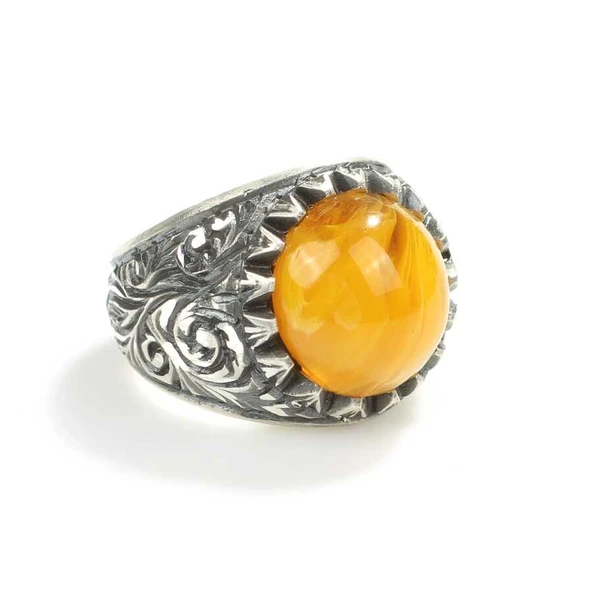 925 Ayar Gümüş Sıkma Kehribar Yuvarlak Taşlı Erkek Yüzük - Resim 3