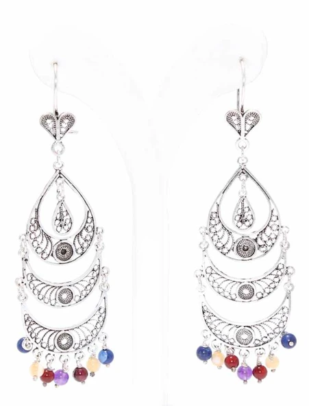 925 Ayar Gümüş Avize Motifli Sallantılı Taşlı Telkari Küpe - Resim 2