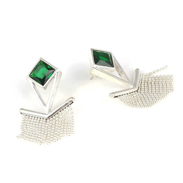 925 Ayar Gümüş Kare Taşlı Zincir Top Küpe - Resim 2