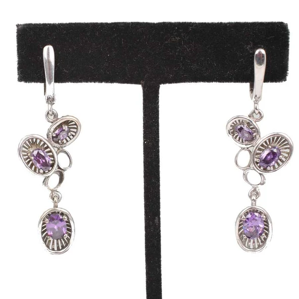 925 Ayar Gümüş Ametist Taşlı Çanaklı Küpe - Resim 2