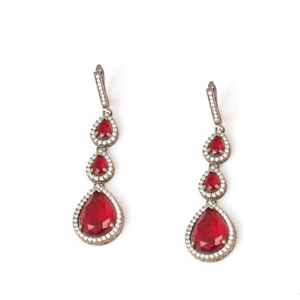 925 Ayar Gümüş Damla Yakut Ve Zirkon Taşlı Küpe ürün görseli 1