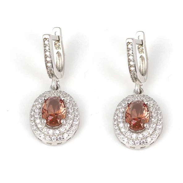 925 Ayar Gümüş Oval Zultanit Taşlı Kenarı Çift Sıra Zirkon Taşlı Küpe ürün görseli 1