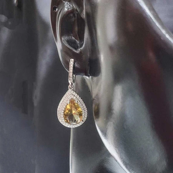 925 Ayar Gümüş Damla Zultanit Taşlı Çift Sıra Zirkon Taşlı Küpe - Resim 2