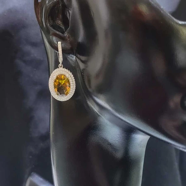 925 Ayar Gümüş Oval Zultanit Taşlı Çift Sıra Zirkonu Küpe - Resim 2