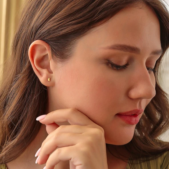 925 Ayar Gümüş Yarım Yuvarlak Küpe, Sarı - Resim 2