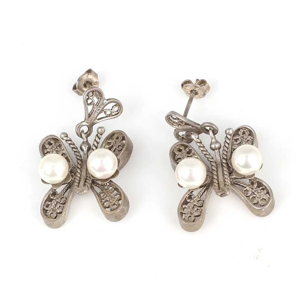 925 Ayar Gümüş İncili Telkâri Kelebek Model Küpe ürün görseli 1