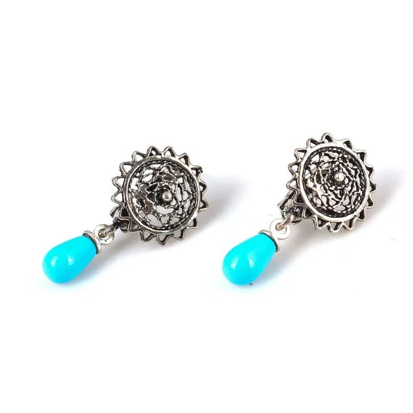 925 Ayar Gümüş Güneş Şekilli Telkâri Yuvarlak, Damla Firuzeli Küpe ürün görseli