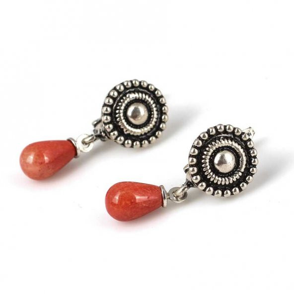 925 Ayar Gümüş Telkâri Güverse Motifli Damla Mercan Sallantılı Küpe