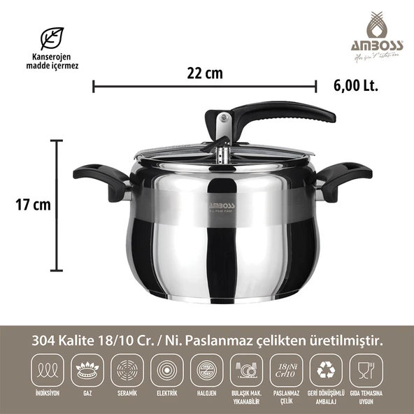 Amboss Amber Klasik Düdüklü Tencere 6 Lt - 6
