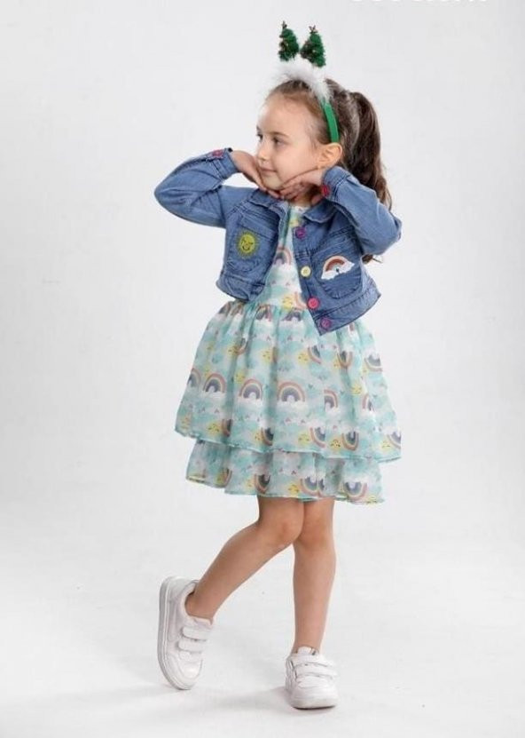 Gökkuşağı Kot Ceketli Kız Çocuk Elbise - 2li