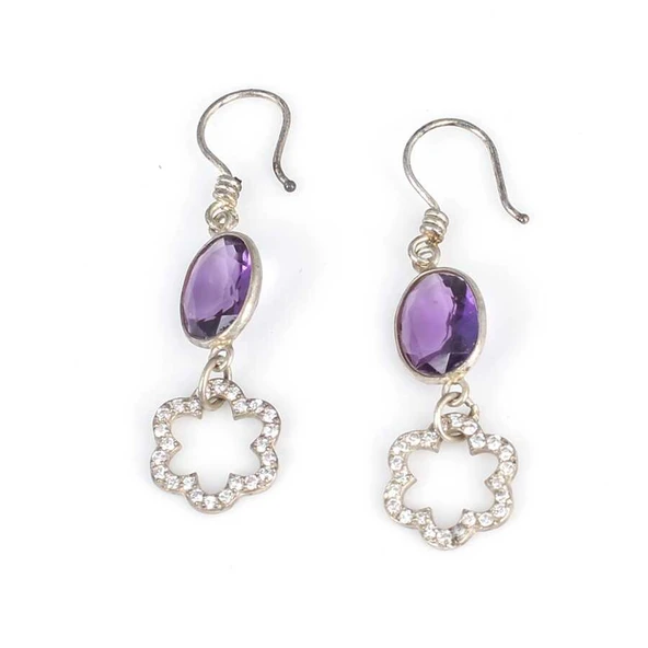 925 Ayar Gümüş Ametist Ve Zirkon Taşlı Küpe - Resim 2