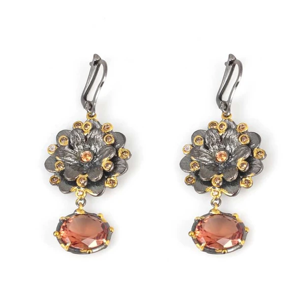 925 Ayar Gümüş Peridot Ve Turuncu Taşlı Çiçekli Elişi Küpe - Resim 2