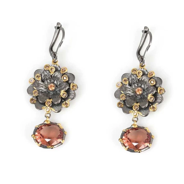 925 Ayar Gümüş Peridot Ve Turuncu Taşlı Çiçekli Elişi Küpe ürün görseli