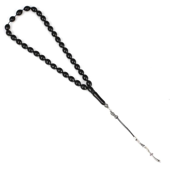 925 Ayar Gümüş Arpa Kesim Gümüş Püsküllü Oltu Taşı Tesbih - Resim 2