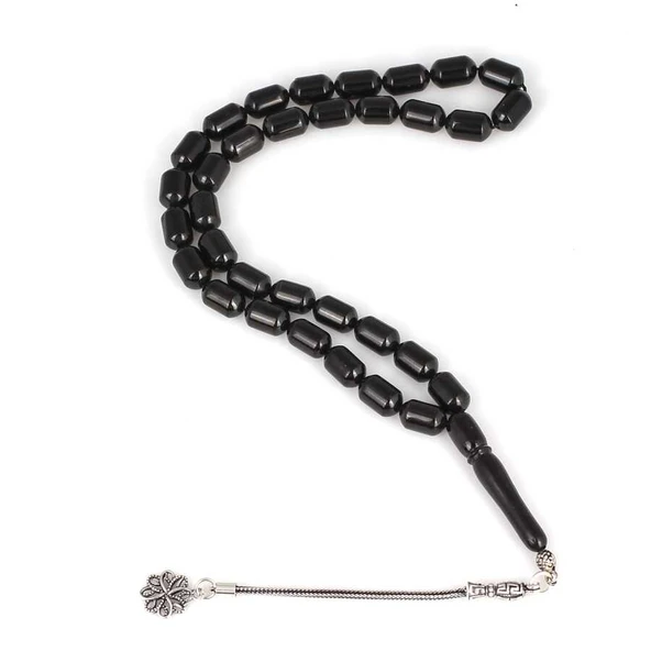 925 Ayar Gümüş Silindir Kesim Gümüş Püsküllü Oltu Taşı Tesbih ürün görseli 1