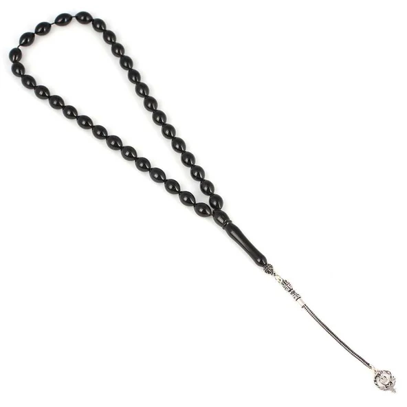 925 Ayar Gümüş Püsküllü Arpa Kesim Oltu Taşı Tesbih - Resim 2