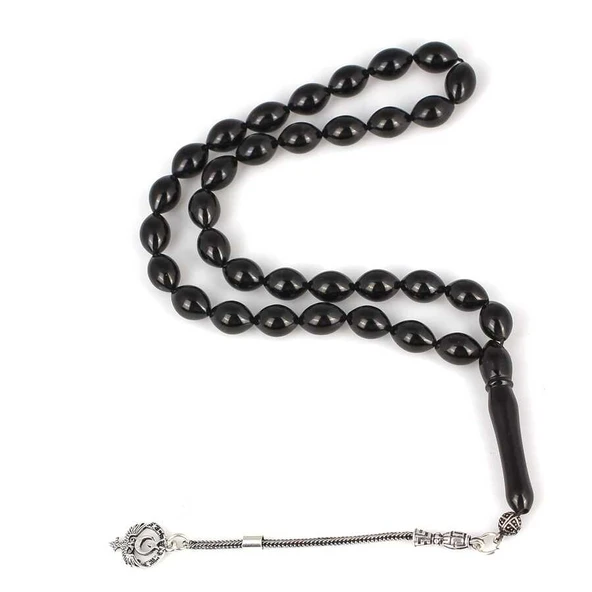 925 Ayar Gümüş Püsküllü Arpa Kesim Oltu Taşı Tesbih ürün görseli 1