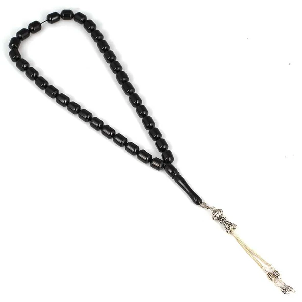 925 Ayar Gümüş Püsküllü Silindir Kesim Oltu Taşı Tesbih - Resim 2