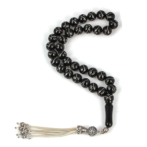 925 Ayar Gümüş Püsküllü Küre Kesim Oltu Taşı İşlemeli Tesbih ürün görseli 1