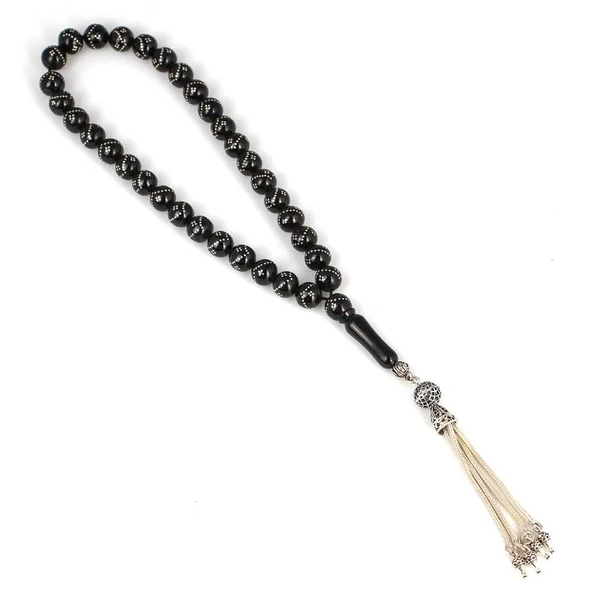 925 Ayar Gümüş Püsküllü Küre Kesim Oltu Taşı İşlemeli Tesbih - Resim 3