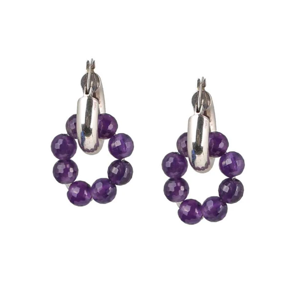 925 Ayar Gümüş Kalın Halka Ametist Taşı Küpe ürün görseli 1