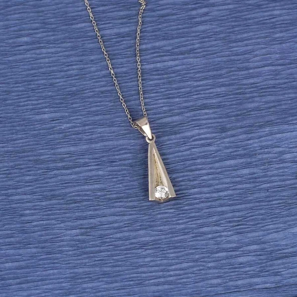 925 Ayar Gümüş Tektaş V Model Kolye - Resim 2