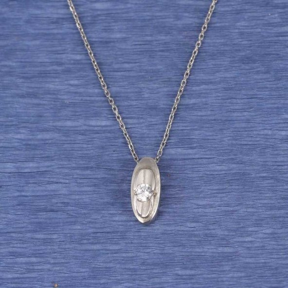925 Ayar Gümüş Oval Tektaş Kolye - 2