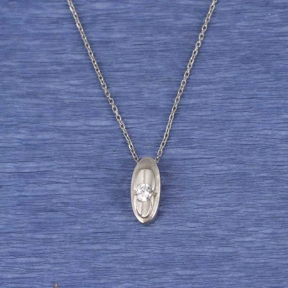 925 Ayar Gümüş Oval Tektaş Kolye - Resim 2